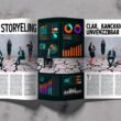 Editorial Doppelseite mit farbenfrohen Infografiken und Diagrammen, die aus einem zerbrochenen grauen Excel-Grab aufsteigen, während im Hintergrund enttäuschte Geschäftsleute verblassen. Überschrift: 'Data Storytelling Checkliste: Klar, Knackig, Unverzichtbar.'