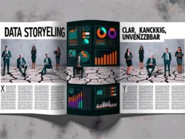 Editorial Doppelseite mit farbenfrohen Infografiken und Diagrammen, die aus einem zerbrochenen grauen Excel-Grab aufsteigen, während im Hintergrund enttäuschte Geschäftsleute verblassen. Überschrift: 'Data Storytelling Checkliste: Klar, Knackig, Unverzichtbar.'