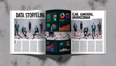 Editorial Doppelseite mit farbenfrohen Infografiken und Diagrammen, die aus einem zerbrochenen grauen Excel-Grab aufsteigen, während im Hintergrund enttäuschte Geschäftsleute verblassen. Überschrift: 'Data Storytelling Checkliste: Klar, Knackig, Unverzichtbar.'