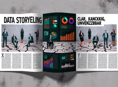 Editorial Doppelseite mit farbenfrohen Infografiken und Diagrammen, die aus einem zerbrochenen grauen Excel-Grab aufsteigen, während im Hintergrund enttäuschte Geschäftsleute verblassen. Überschrift: 'Data Storytelling Checkliste: Klar, Knackig, Unverzichtbar.'