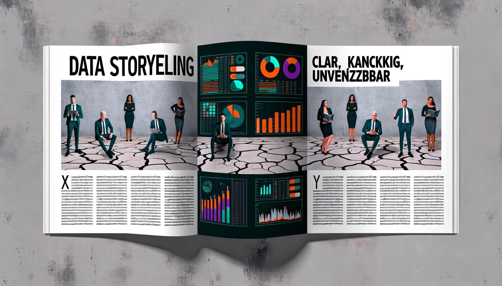 Editorial Doppelseite mit farbenfrohen Infografiken und Diagrammen, die aus einem zerbrochenen grauen Excel-Grab aufsteigen, während im Hintergrund enttäuschte Geschäftsleute verblassen. Überschrift: 'Data Storytelling Checkliste: Klar, Knackig, Unverzichtbar.'