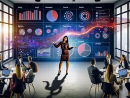 Marketerin präsentiert Datenvisualisierung mit rotem Storyline-Faden vor Kollegen aus Marketing, Management und Vertrieb in einem digitalen, modernen Büro