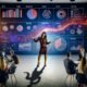 Marketerin präsentiert Datenvisualisierung mit rotem Storyline-Faden vor Kollegen aus Marketing, Management und Vertrieb in einem digitalen, modernen Büro