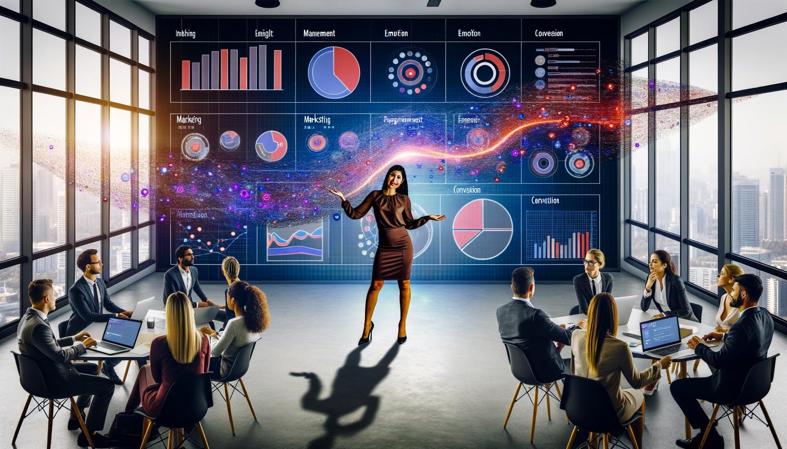 Marketerin präsentiert Datenvisualisierung mit rotem Storyline-Faden vor Kollegen aus Marketing, Management und Vertrieb in einem digitalen, modernen Büro