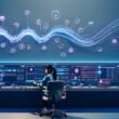 Modernes, futuristisches Audio-Studio mit KI-Technologien, einschließlich Deezer- und GPT-Logos. Eine Audioprofessional arbeitet an mehreren Monitoren mit Algorithmen, virtuellen Workflows und automatisierten Ausgaben zu Podcast- und Social-Media-Plattformen.