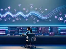 Modernes, futuristisches Audio-Studio mit KI-Technologien, einschließlich Deezer- und GPT-Logos. Eine Audioprofessional arbeitet an mehreren Monitoren mit Algorithmen, virtuellen Workflows und automatisierten Ausgaben zu Podcast- und Social-Media-Plattformen.