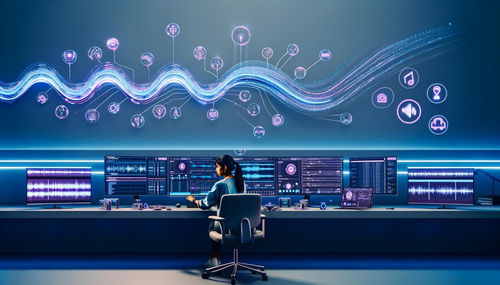 Modernes, futuristisches Audio-Studio mit KI-Technologien, einschließlich Deezer- und GPT-Logos. Eine Audioprofessional arbeitet an mehreren Monitoren mit Algorithmen, virtuellen Workflows und automatisierten Ausgaben zu Podcast- und Social-Media-Plattformen.
