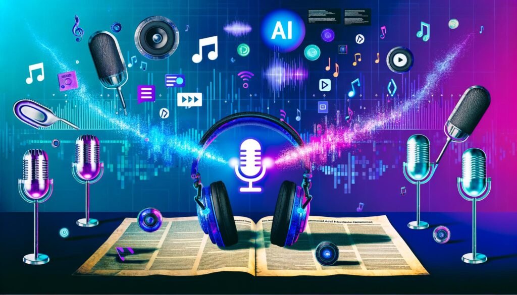 Modernes Magazin Titelbild mit Kopfhörern, digitalen Soundwellen, KI-Symbolen, Musikinhalten, Podcast-Mikrofonen und farbigen Neon-Akzenten zur Darstellung von KI im Audio-Marketing.