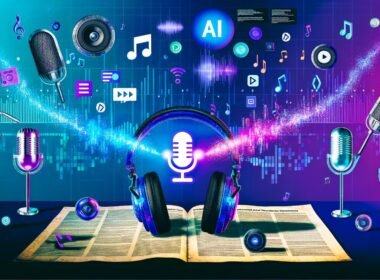 Modernes Magazin Titelbild mit Kopfhörern, digitalen Soundwellen, KI-Symbolen, Musikinhalten, Podcast-Mikrofonen und farbigen Neon-Akzenten zur Darstellung von KI im Audio-Marketing.