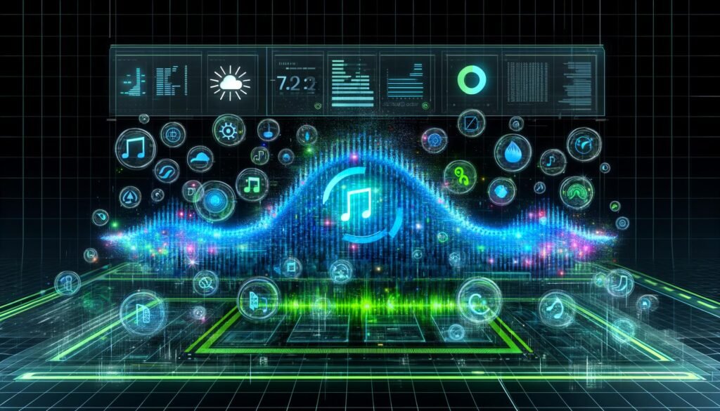 Ultramodernes Deezer-Tonstudio mit leuchtender Soundwelle, Musik- und Wetter-Symbolen, digitalen Dashboards und dem Schriftzug Contextual Audio Ads Workflow als 3D-Hologramm.