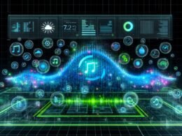 Ultramodernes Deezer-Tonstudio mit leuchtender Soundwelle, Musik- und Wetter-Symbolen, digitalen Dashboards und dem Schriftzug Contextual Audio Ads Workflow als 3D-Hologramm.