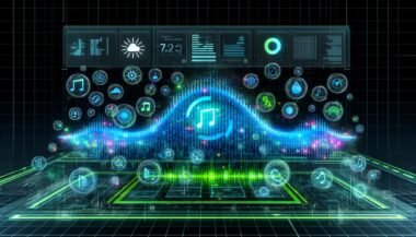 Ultramodernes Deezer-Tonstudio mit leuchtender Soundwelle, Musik- und Wetter-Symbolen, digitalen Dashboards und dem Schriftzug Contextual Audio Ads Workflow als 3D-Hologramm.