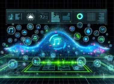 Ultramodernes Deezer-Tonstudio mit leuchtender Soundwelle, Musik- und Wetter-Symbolen, digitalen Dashboards und dem Schriftzug Contextual Audio Ads Workflow als 3D-Hologramm.
