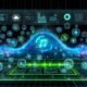 Ultramodernes Deezer-Tonstudio mit leuchtender Soundwelle, Musik- und Wetter-Symbolen, digitalen Dashboards und dem Schriftzug Contextual Audio Ads Workflow als 3D-Hologramm.