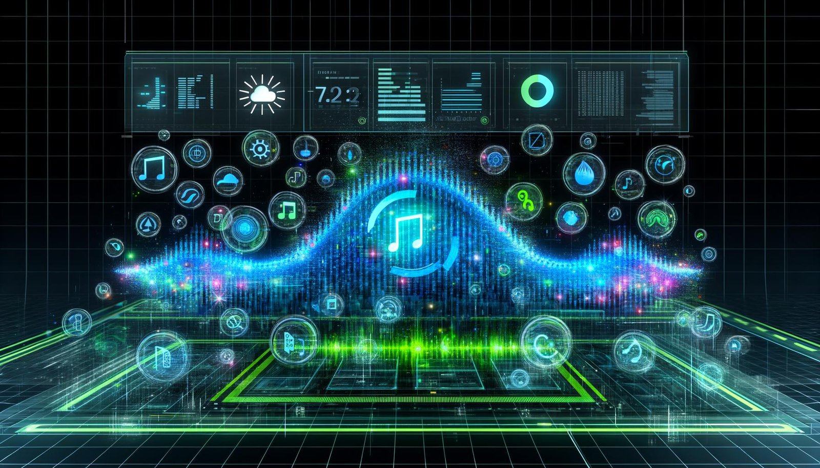 Ultramodernes Deezer-Tonstudio mit leuchtender Soundwelle, Musik- und Wetter-Symbolen, digitalen Dashboards und dem Schriftzug Contextual Audio Ads Workflow als 3D-Hologramm.