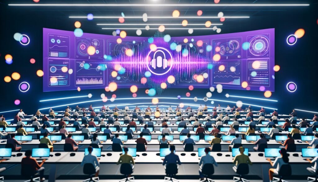 Futuristisches Großraumbüro mit Marketern, die an Tischen mit Laptops sitzen, umgeben von holografischen Datenvisualisierungen und Deezer-Branding auf großen Bildschirmen.