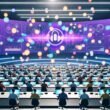 Futuristisches Großraumbüro mit Marketern, die an Tischen mit Laptops sitzen, umgeben von holografischen Datenvisualisierungen und Deezer-Branding auf großen Bildschirmen.