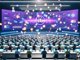 Futuristisches Großraumbüro mit Marketern, die an Tischen mit Laptops sitzen, umgeben von holografischen Datenvisualisierungen und Deezer-Branding auf großen Bildschirmen.