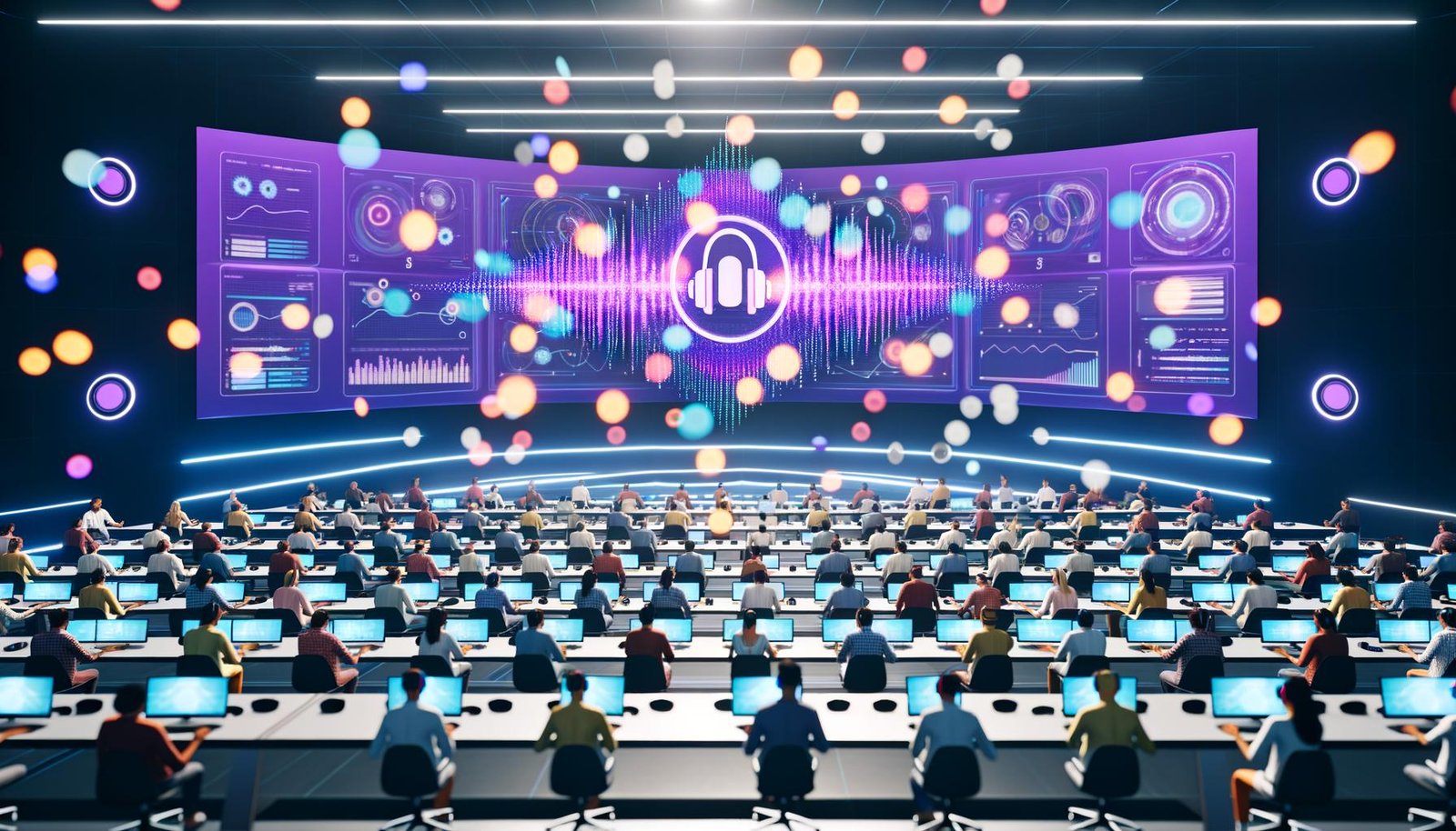 Futuristisches Großraumbüro mit Marketern, die an Tischen mit Laptops sitzen, umgeben von holografischen Datenvisualisierungen und Deezer-Branding auf großen Bildschirmen.