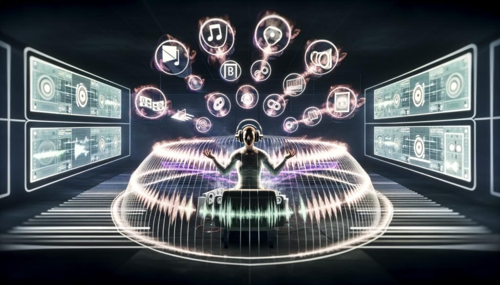 Person sitzt mit hochwertigen Kopfhörern in einem futuristischen Musikstudio, umgeben von dynamischen Soundwellen und schwebenden Audio-Objekten bei 360 Reality Audio.