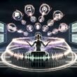 Person sitzt mit hochwertigen Kopfhörern in einem futuristischen Musikstudio, umgeben von dynamischen Soundwellen und schwebenden Audio-Objekten bei 360 Reality Audio.