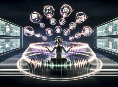 Person sitzt mit hochwertigen Kopfhörern in einem futuristischen Musikstudio, umgeben von dynamischen Soundwellen und schwebenden Audio-Objekten bei 360 Reality Audio.