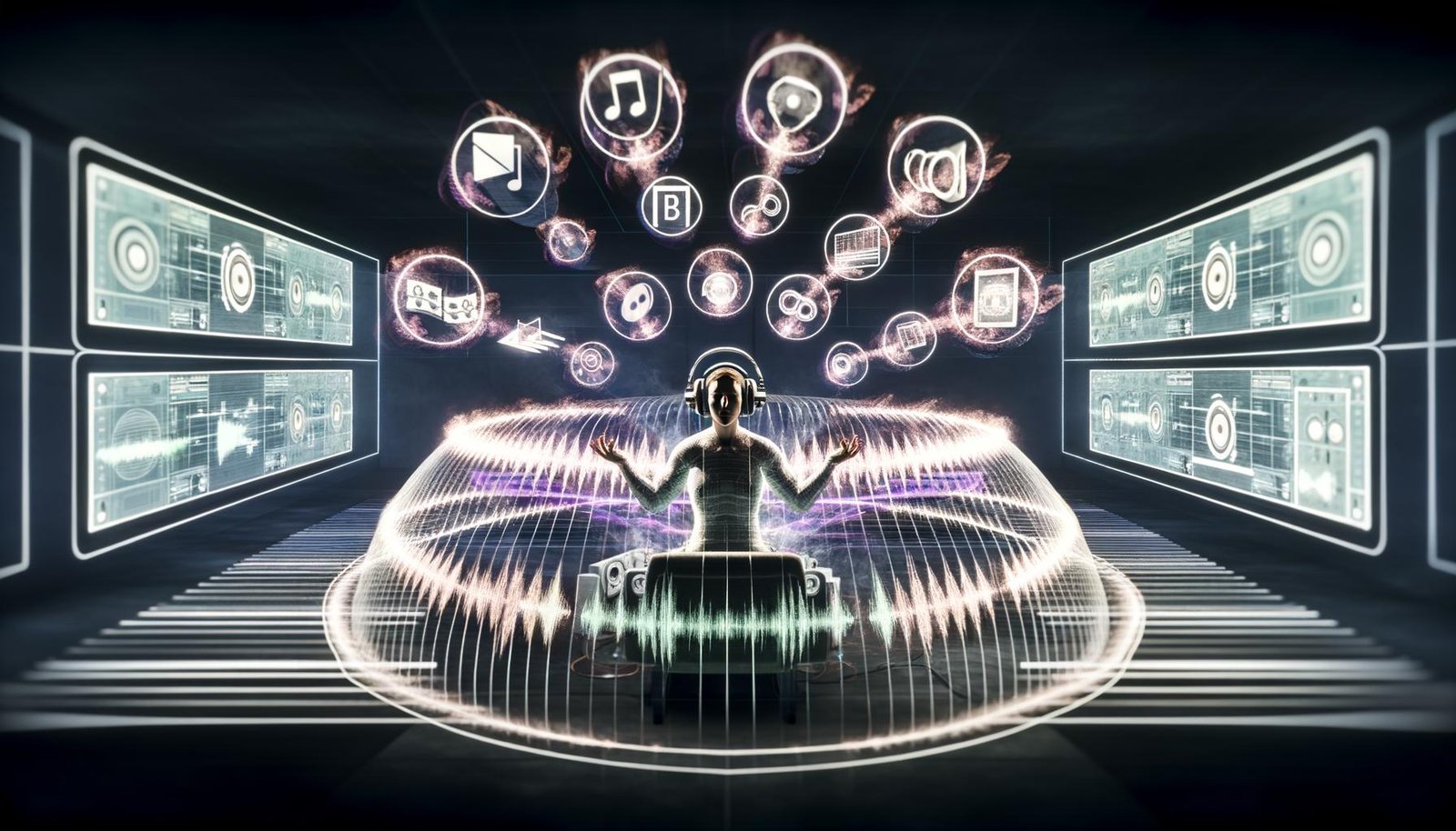 Person sitzt mit hochwertigen Kopfhörern in einem futuristischen Musikstudio, umgeben von dynamischen Soundwellen und schwebenden Audio-Objekten bei 360 Reality Audio.