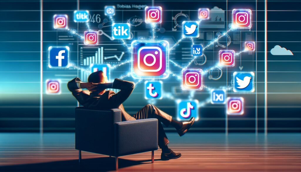 Person sitzt entspannt im Sessel, umgeben von vernetzten Social Media Icons und digitalen Linien, im Hintergrund ein modernes Dashboard mit Graphen und Kalender.
