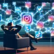 Person sitzt entspannt im Sessel, umgeben von vernetzten Social Media Icons und digitalen Linien, im Hintergrund ein modernes Dashboard mit Graphen und Kalender.