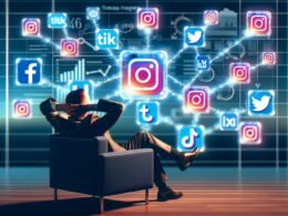 Person sitzt entspannt im Sessel, umgeben von vernetzten Social Media Icons und digitalen Linien, im Hintergrund ein modernes Dashboard mit Graphen und Kalender.