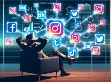 Person sitzt entspannt im Sessel, umgeben von vernetzten Social Media Icons und digitalen Linien, im Hintergrund ein modernes Dashboard mit Graphen und Kalender.