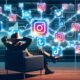 Person sitzt entspannt im Sessel, umgeben von vernetzten Social Media Icons und digitalen Linien, im Hintergrund ein modernes Dashboard mit Graphen und Kalender.
