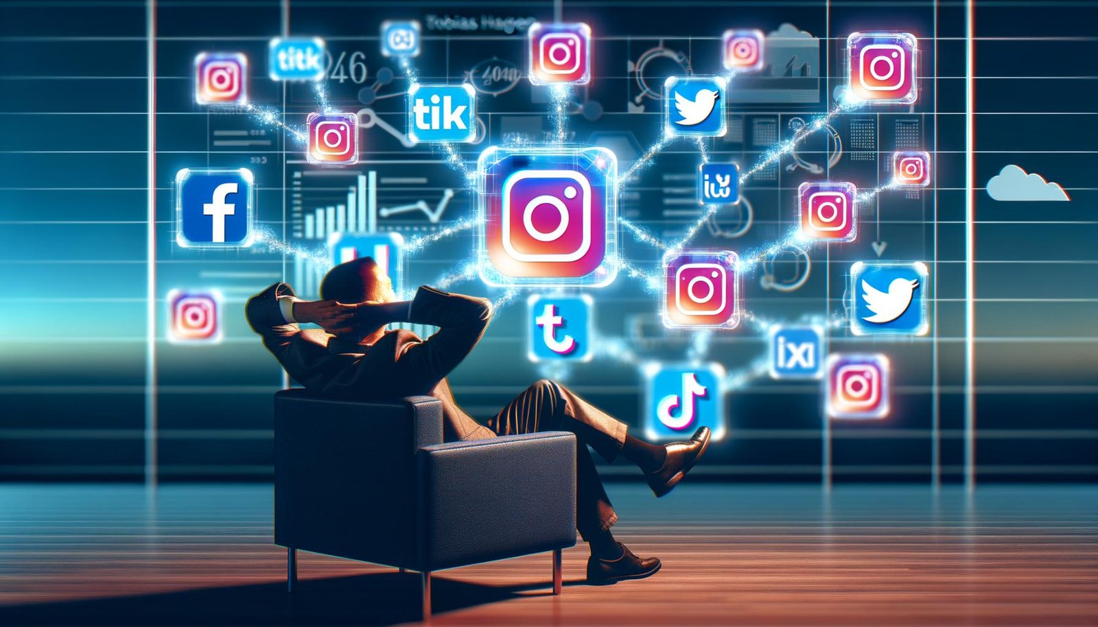 Person sitzt entspannt im Sessel, umgeben von vernetzten Social Media Icons und digitalen Linien, im Hintergrund ein modernes Dashboard mit Graphen und Kalender.