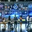 Modernes Büro mit großen Bildschirmen, die UGC-Dashboards zeigen, während Marketer und Data Scientists Diagramme und User-Content wie Selfies und Produktbewertungen analysieren.