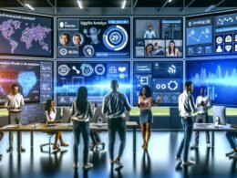 Modernes Büro mit großen Bildschirmen, die UGC-Dashboards zeigen, während Marketer und Data Scientists Diagramme und User-Content wie Selfies und Produktbewertungen analysieren.