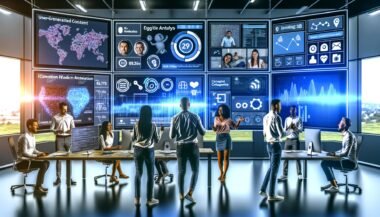 Modernes Büro mit großen Bildschirmen, die UGC-Dashboards zeigen, während Marketer und Data Scientists Diagramme und User-Content wie Selfies und Produktbewertungen analysieren.
