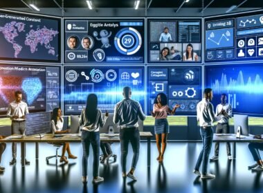 Modernes Büro mit großen Bildschirmen, die UGC-Dashboards zeigen, während Marketer und Data Scientists Diagramme und User-Content wie Selfies und Produktbewertungen analysieren.