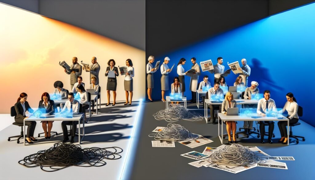 Modernes Büro mit Mitarbeitern, die im Licht mit innovativen Technologien arbeiten, während am dunklen Rand Menschen besorgt alte Geräte und Zeitungen halten.