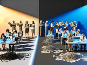 Modernes Büro mit Mitarbeitern, die im Licht mit innovativen Technologien arbeiten, während am dunklen Rand Menschen besorgt alte Geräte und Zeitungen halten.