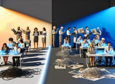 Modernes Büro mit Mitarbeitern, die im Licht mit innovativen Technologien arbeiten, während am dunklen Rand Menschen besorgt alte Geräte und Zeitungen halten.