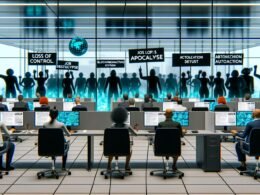 Moderne Büro-Szene mit angespannten deutschen Mitarbeitern vor Computern, Protesten hinter Glaswänden und digitalen Symbolen für KI, Blockchain und Automatisierung, durchzogen von Medien-Schlagzeilen zu Kontrollverlust und Arbeitsplatzabbau.