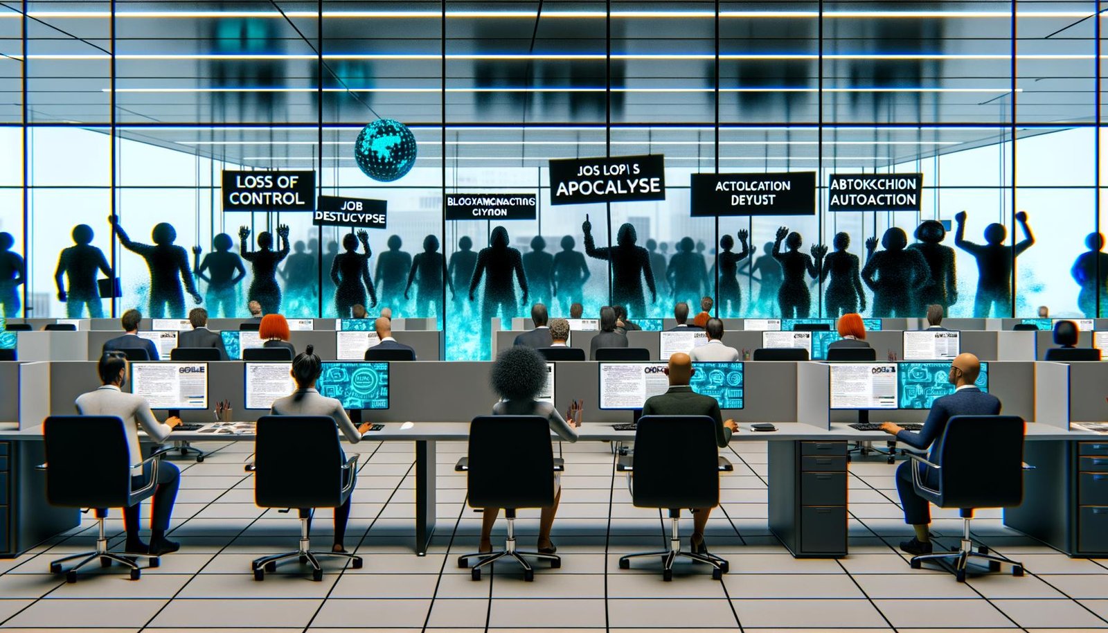 Moderne Büro-Szene mit angespannten deutschen Mitarbeitern vor Computern, Protesten hinter Glaswänden und digitalen Symbolen für KI, Blockchain und Automatisierung, durchzogen von Medien-Schlagzeilen zu Kontrollverlust und Arbeitsplatzabbau.