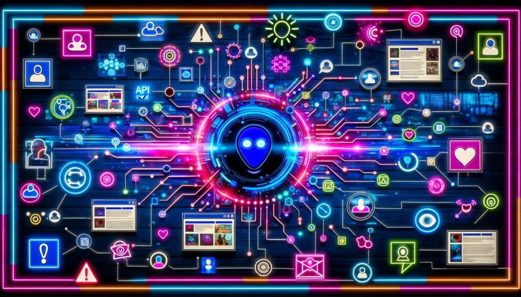 Futuristische Collage mit KI-Dashboard im Neonstil, umgeben von digitalen Datenströmen, User Generated Content, Roboterarm, Menschen und Markenlogos auf blau-pink-orangem Hintergrund.
