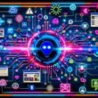 Futuristische Collage mit KI-Dashboard im Neonstil, umgeben von digitalen Datenströmen, User Generated Content, Roboterarm, Menschen und Markenlogos auf blau-pink-orangem Hintergrund.