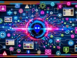 Futuristische Collage mit KI-Dashboard im Neonstil, umgeben von digitalen Datenströmen, User Generated Content, Roboterarm, Menschen und Markenlogos auf blau-pink-orangem Hintergrund.