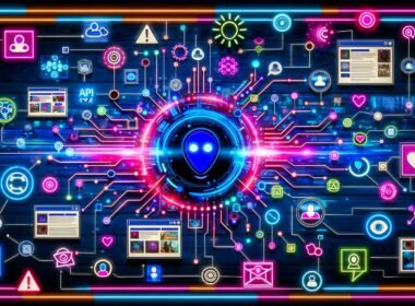 Futuristische Collage mit KI-Dashboard im Neonstil, umgeben von digitalen Datenströmen, User Generated Content, Roboterarm, Menschen und Markenlogos auf blau-pink-orangem Hintergrund.