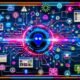 Futuristische Collage mit KI-Dashboard im Neonstil, umgeben von digitalen Datenströmen, User Generated Content, Roboterarm, Menschen und Markenlogos auf blau-pink-orangem Hintergrund.