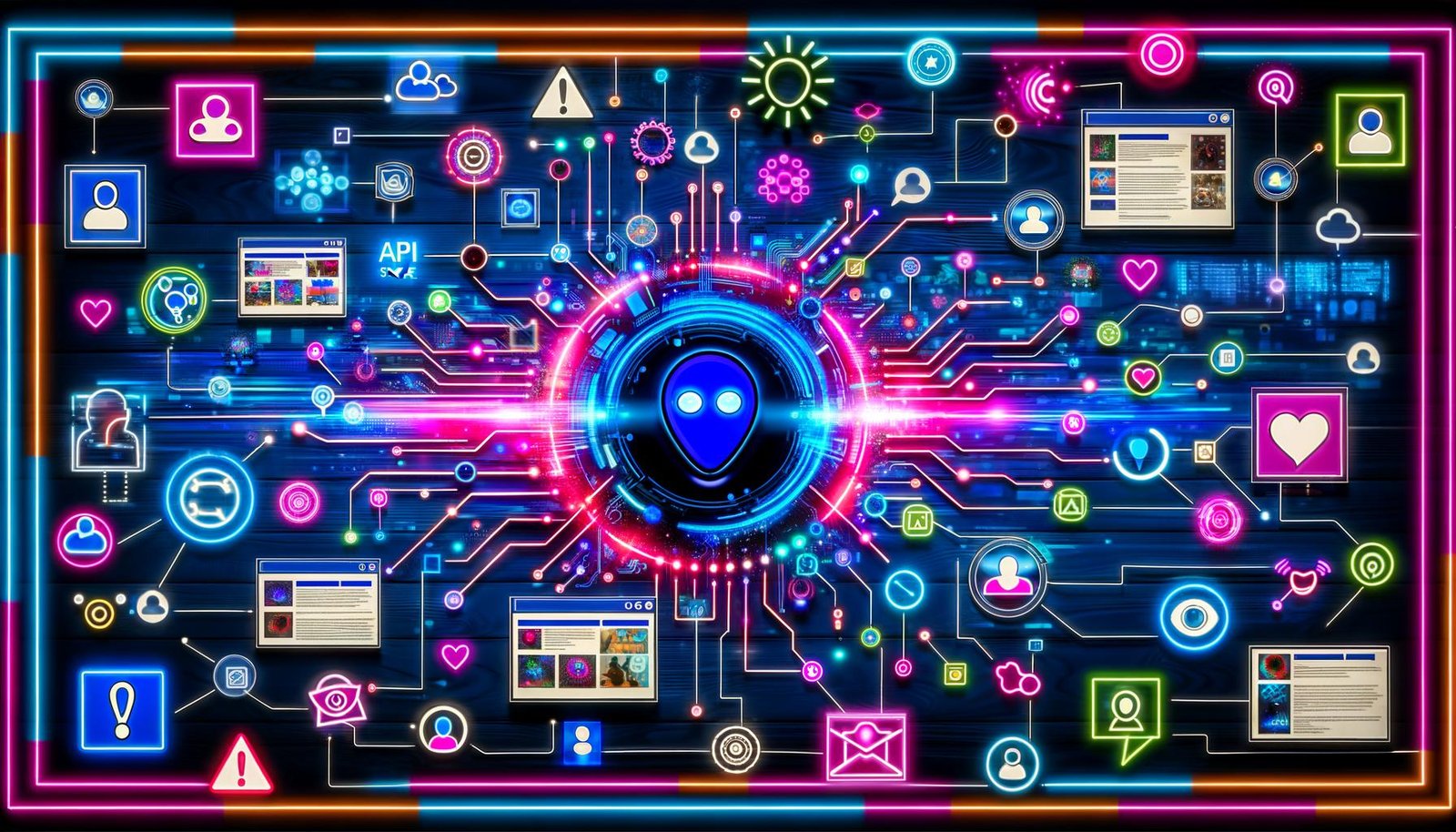 Futuristische Collage mit KI-Dashboard im Neonstil, umgeben von digitalen Datenströmen, User Generated Content, Roboterarm, Menschen und Markenlogos auf blau-pink-orangem Hintergrund.