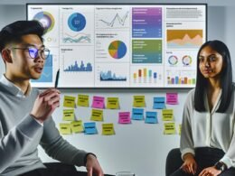 Zwei Marketing-Analyst:innen analysieren gemeinsam Datenvisualisierungen auf einem Bildschirm in einem modernen Büro, umgeben von Post-Its mit Begriffen wie Transparenz, Kontext und Fairness.