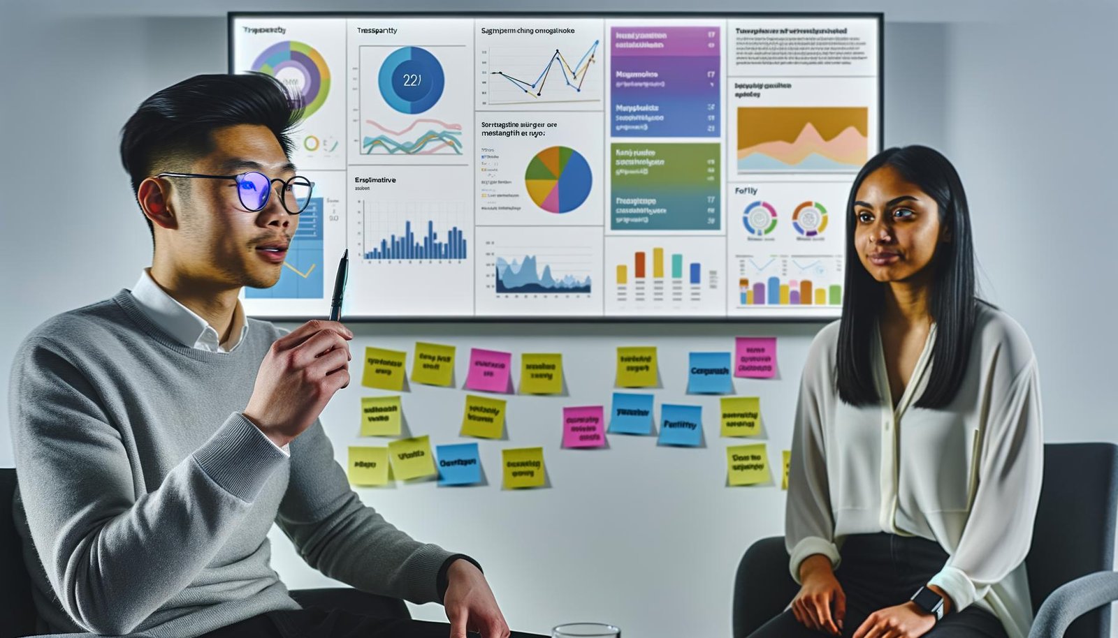 Zwei Marketing-Analyst:innen analysieren gemeinsam Datenvisualisierungen auf einem Bildschirm in einem modernen Büro, umgeben von Post-Its mit Begriffen wie Transparenz, Kontext und Fairness.